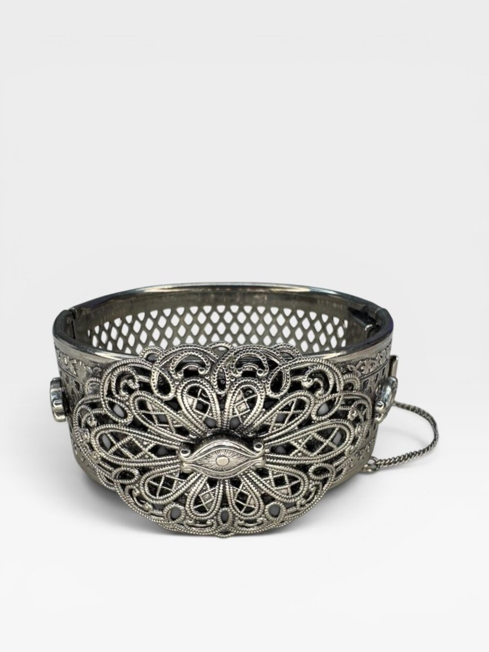 Freirich Silver Tone Evil Eye Hinged Cuff Bracelet Vintage